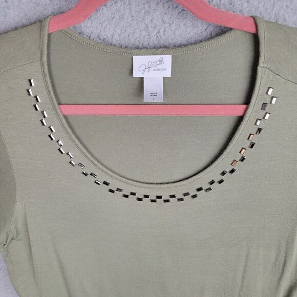 Knit Top Blouse Womens L Green Metallic Studs Scoop Neck  Short Sleeves Light - Picture 3 of 13